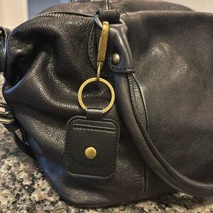 Small black faux vegan leather gold studded keychain for coins